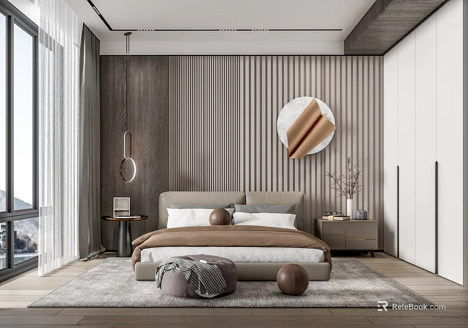 Modern Bedroom Interior With Striped Wall Panel Round Mirror And Pendant Lights 3d model 