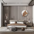 Modern Bedroom Interior With Striped Wall Panel Round Mirror And Pendant Lights
