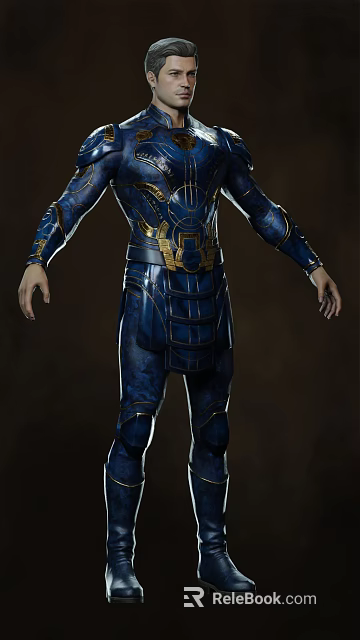 Man In Blue And Gold Detailed Armor With Intricate Patterns Standing Pose 3d model 