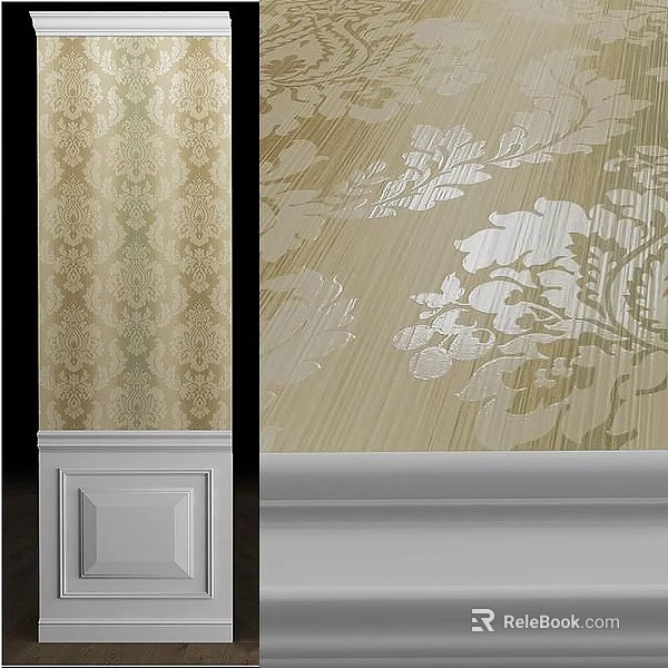 Elegant Wall Design With Floral Pattern Wallpaper In Beige Gold White Tones And Decorative Trim 3d model 