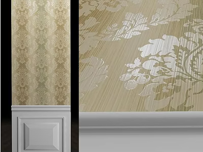 Elegant Wall Design With Floral Pattern Wallpaper In Beige Gold White Tones And Decorative Trim 3d model