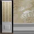 Elegant Wall Design With Floral Pattern Wallpaper In Beige Gold White Tones And Decorative Trim