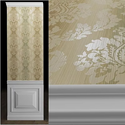 Elegant Wall Design With Floral Pattern Wallpaper In Beige Gold White Tones And Decorative Trim 3d model