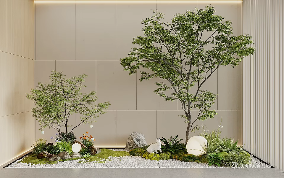 Serene Lush Courtyard Garden With Green Trees Rocks Moss And Grass 3d model 
