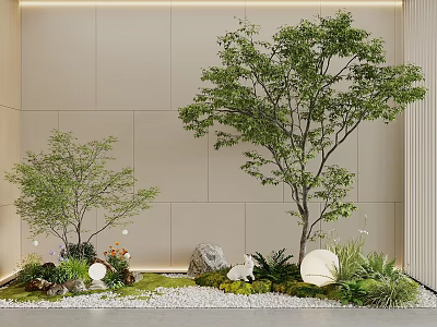 Serene Lush Courtyard Garden With Green Trees Rocks Moss And Grass 3d model