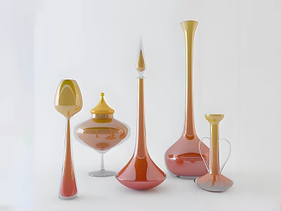 Elegant Glass Vases And Bottles With Gold Orange Pink Tones And Unique Shapes 3d model