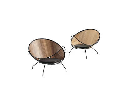 Two Modern Leisure Chairs With Curved Wooden Backrest And Metal Frame Design 3d model