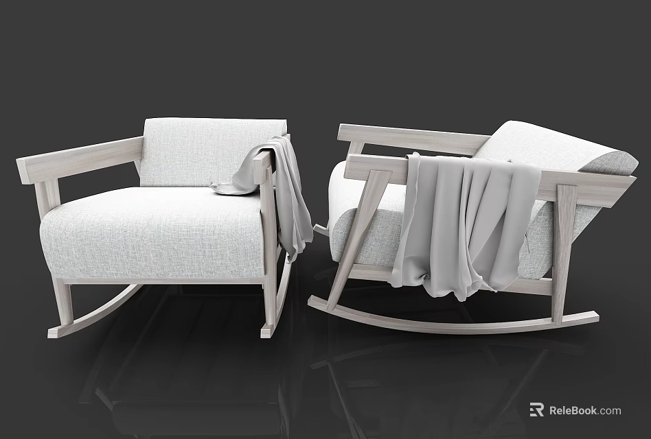 Light Colored Rocking Leisure Chairs With Wooden Armrests Gray Blankets And Dark Background 3d model 