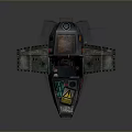 Retro Futuristic Mechanical Vehicle With Red Seat Antenna Metal Parts And Warning Labels