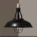 Black Metal Pendant Light With Wooden Top And Cage Design Glowing Bulb Against Gray Wall
