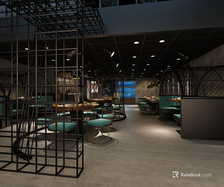 Modern Industrial Hotpot Restaurant Interior With Metal Frame Structures Green Seats And Lighting 3d model 