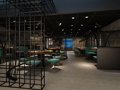 Modern Industrial Hotpot Restaurant Interior With Metal Frame Structures Green Seats And Lighting 3d model