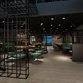 Modern Industrial Hotpot Restaurant Interior With Metal Frame Structures Green Seats And Lighting
