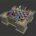 Decorative Black And White Checkered Chessboard With Pieces And Figures On Stone Base