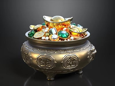 Golden Decorative Container With Carved Patterns Gold Ingots And Green Gemstones 3d model