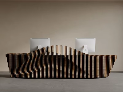 Modern Reception Front Desk With Wooden Wavy Striped Design And Two White Monitors 3d model