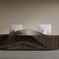 Modern Reception Front Desk With Wooden Wavy Striped Design And Two White Monitors