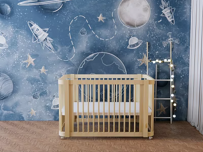Wooden Baby Crib In Nursery With Space Themed Wallpaper Planets Rocket And String Lights 3d model