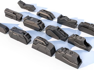 Black Industrial Equipment Parts in Various Shapes Arranged on Light Blue Background 3d model
