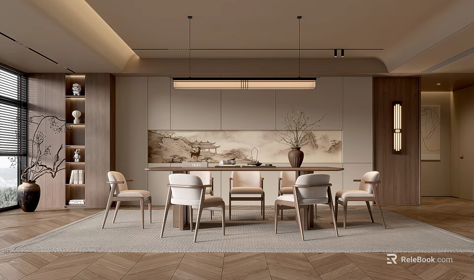 Modern Open Concept Restaurant Interior With Dining Table And Pendant Lights 3d model 