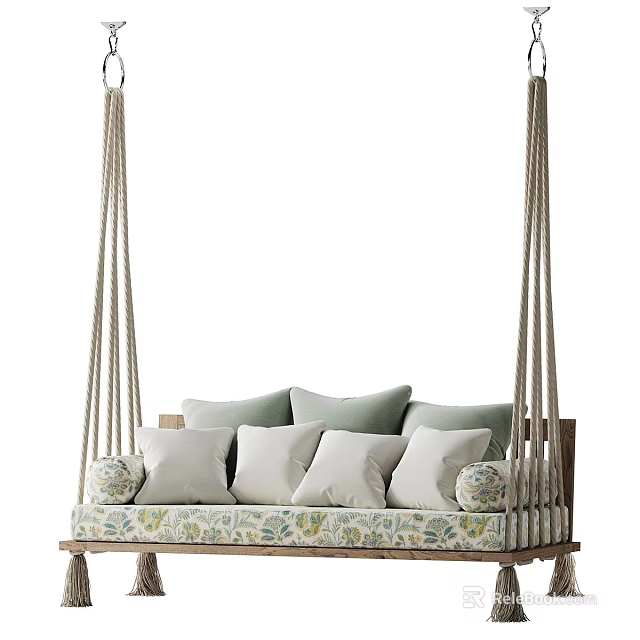 Cozy Hanging Chair With Wooden Frame Light Green Beige Cushions And Patterned Seat 3d model 