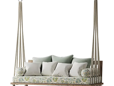 Cozy Hanging Chair With Wooden Frame Light Green Beige Cushions And Patterned Seat 3d model