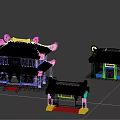 Cartoon Scene Featuring Traditional Chinese Architecture with Green Roofs and Red Decorations Multiple Miniature Buildings