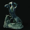 Multi Headed Mythical Creature Sculpture Carving With Blue Eyes And Rock Base