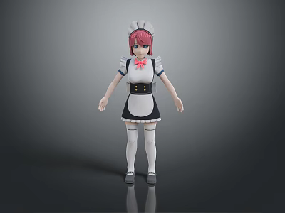 Woman in Classic Maid Outfit with Pink Hair Maid Hat and White Stockings 3d model