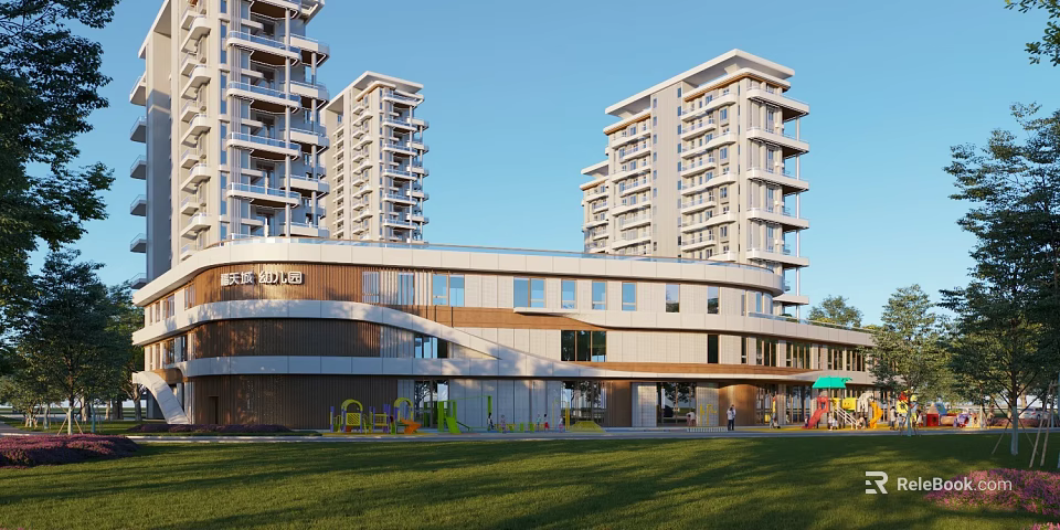 High Rise Modern Residential Complex with Kindergarten Green Lawn and Playground Area 3d model 