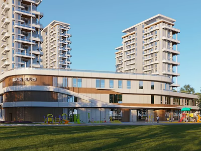 High Rise Modern Residential Complex with Kindergarten Green Lawn and Playground Area 3d model