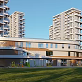 High Rise Modern Residential Complex with Kindergarten Green Lawn and Playground Area