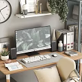 Modern Home Office Desk With Computer Monitor Green Plant Bookshelf Wall Clock And Gray Chair