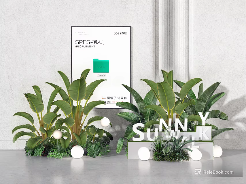 Modern Interior Plant Combination Featuring Large Leaf Green Plants And White Decorative Spheres 3d model 