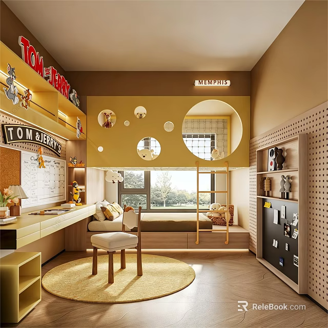 Modern Kids Room Interior with Circular Windows Study Desk and Storage Shelves 3d model 