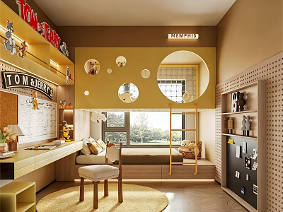 Modern Kids Room Interior with Circular Windows Study Desk and Storage Shelves 3d model