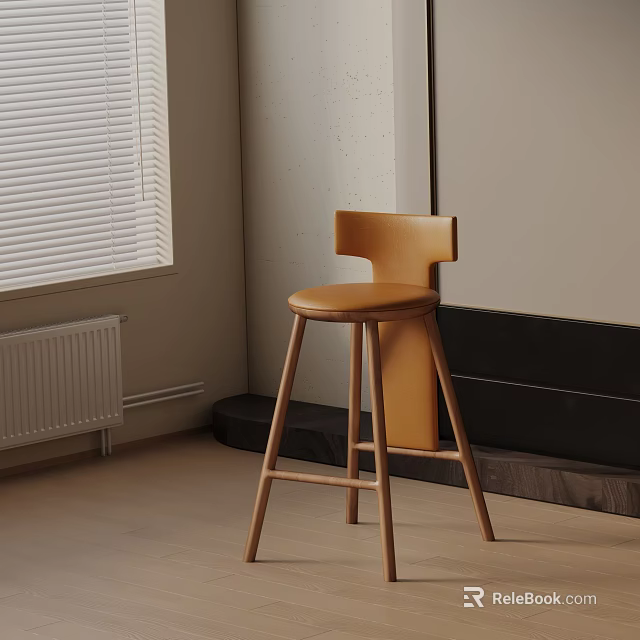 Modern Indoor Bar Stool With Wooden Legs And Brown Leather Seat Near Window 3d model 