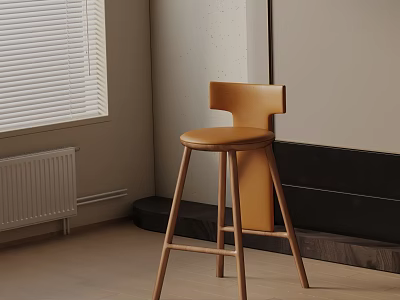 Modern Indoor Bar Stool With Wooden Legs And Brown Leather Seat Near Window 3d model