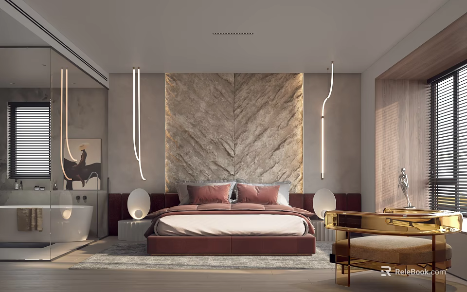 Modern Bedroom Interior Design With Marble Accent Wall And Sleek Lighting Fixtures 3d model 