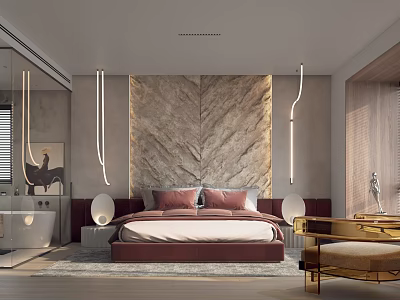 Modern Bedroom Interior Design With Marble Accent Wall And Sleek Lighting Fixtures 3d model