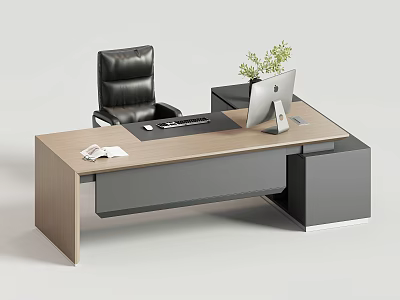 Modern Office Desk With Light Wood Gray Base iMac Black Leather Chair And Green Plant 3d model