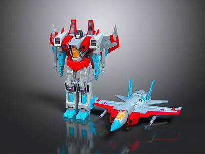 Colorful Robot Figure And Sleek Airplane Model Standing With Red White Blue Design 3d model