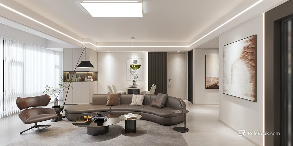 Modern Living and Dining Room Interior Design With Curved Sofa Coffee Tables And Decorative Paintings 3d model 