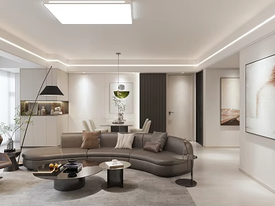 Modern Living and Dining Room Interior Design With Curved Sofa Coffee Tables And Decorative Paintings 3d model