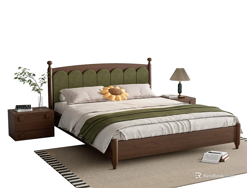 Double Bed with Green Tufted Headboard Wooden Frame Bedside Tables Lamp Green Blanket and Rug 3d model 