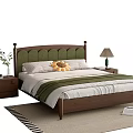 Double Bed with Green Tufted Headboard Wooden Frame Bedside Tables Lamp Green Blanket and Rug