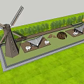 Modern Geometric Hotel Building With Windmill Outdoor Lawn And Lounge Chairs