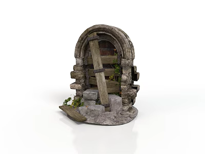 Old Arched Stone Doorway With Wooden Frame Decorative Plants And Stone Blocks 3d model
