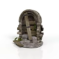 Old Arched Stone Doorway With Wooden Frame Decorative Plants And Stone Blocks