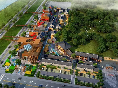 Scenic Traditional Modern Commercial Street With Green Landscaping Parking Facilities And Retail Shops 3d model